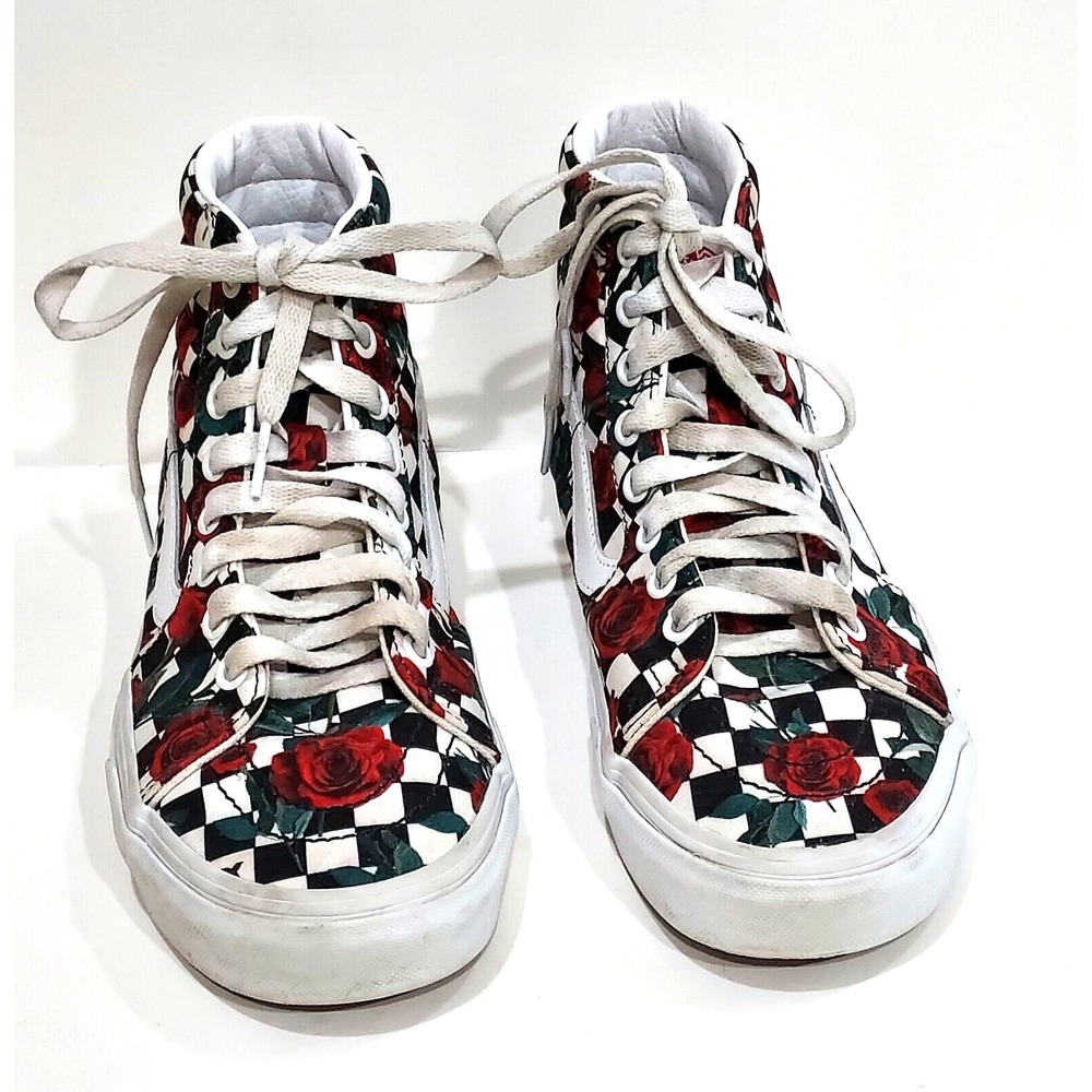 VANS Custom Off the Wall Checkerboard Red Roses High Top Sneakers